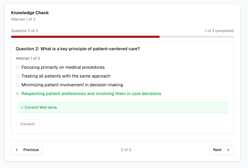 LMS knowledge check question with correct answer