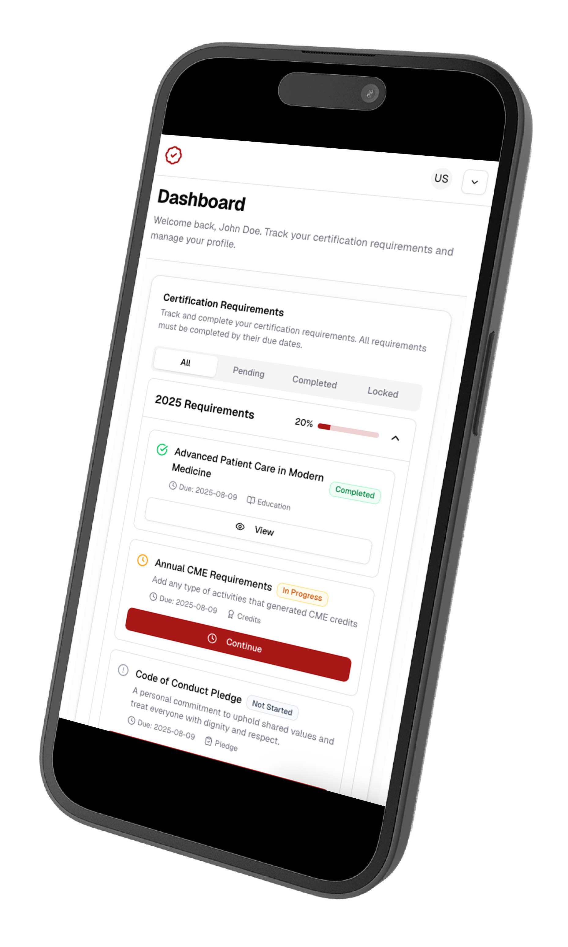 CertHub dashboard mobile view