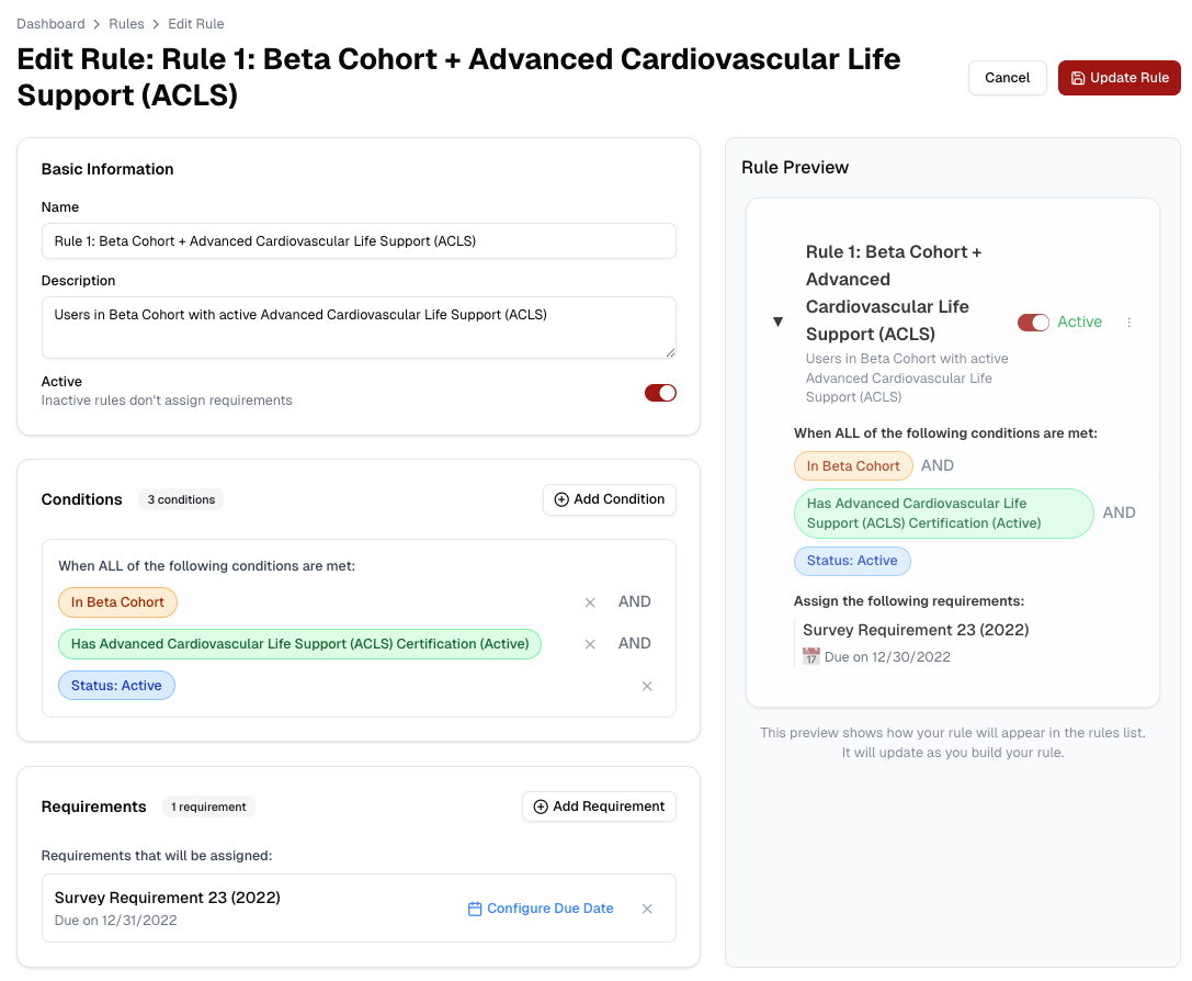 Rules management interface with conditions and requirements